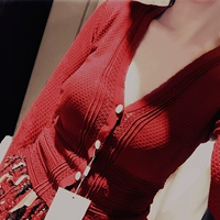 Áo len dệt kim nữ mùa thu đầu mùa thu mỏng kiểu Hồng Kông Áo len cổ chữ V gợi cảm Áo dài tay ngắn cutout đầu mùa thu mùa hè - Đan Cardigan áo len ba lỗ nữ