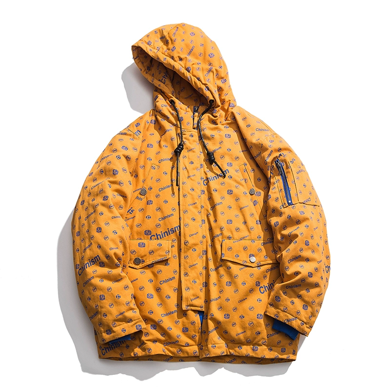 CHINISM Tay áo nam Zipper Pocket Pocket Chữ thường đệm đầy đủ In áo khoác trùm đầu lỏng lẻo