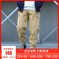 Studio cứng đầu Chinism bên túi lớn overalls thủy triều chân lỏng quần rắn màu thường quần nam quần kaki nam đẹp