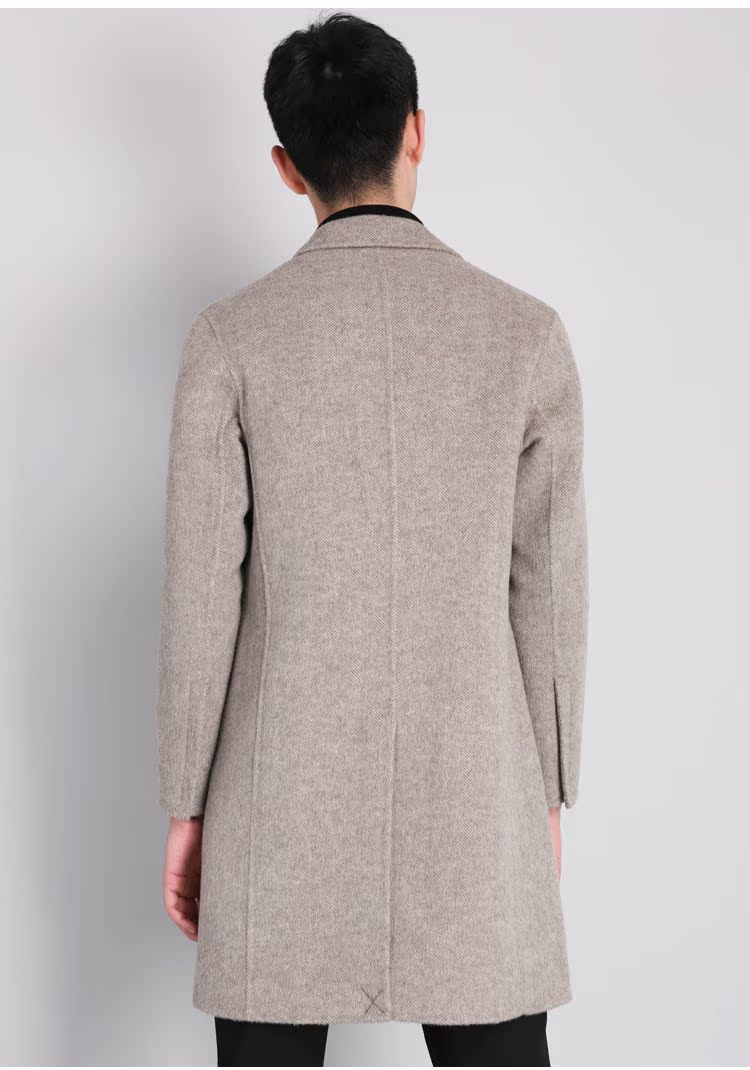 Noida mùa đông cao cấp twill cổ điển len xương cá + llama cashmere áo khoác dài handmade áo gió nam
