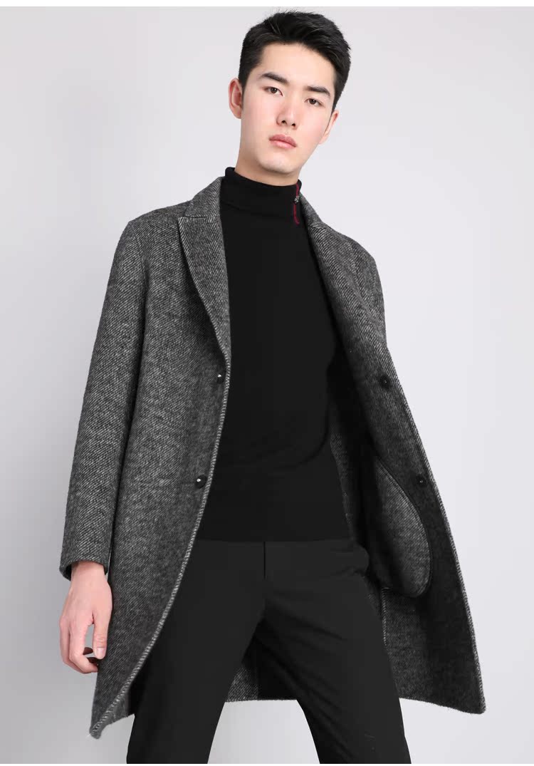 Noida mùa đông cao cấp twill cổ điển len xương cá + llama cashmere áo khoác dài handmade áo gió nam