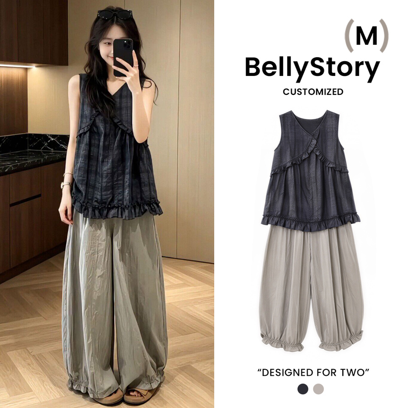 Maternity Summer Outfit, Stylish during Pregnancy, Not Obvious as Pregnant, Korean Style Trendy Mom, Ruffled Tank Top, Loose Pants Maternity Summer Outfit, Stylish during Pregnancy, Not Obvious as Pregnant, Korean Style Trendy Mom, Ruffled Tank Top, Loose Pants