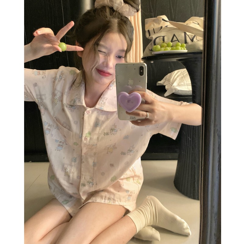 Cute Cartoon Pure Cotton Pajamas for Women, Summer Pink Doll Collar Double-Layer Gauze Short-Sleeved Shorts Home Wear Set