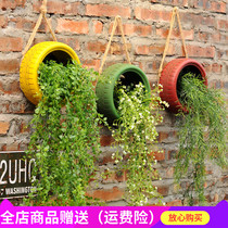 Creative tire wall hanging flower pot Hotel restaurant Kindergarten wall Cement wall decoration pendant Plant wall hanging