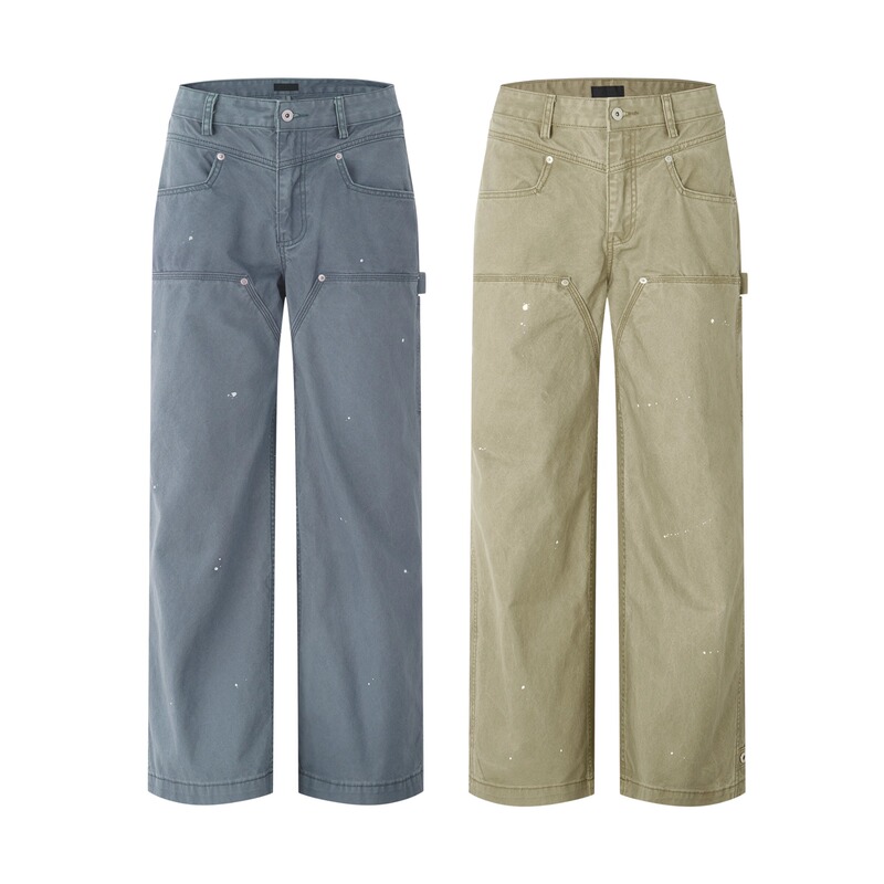 Ice up French Workwear Blue Washed Distressed Patchwork Straight A-Line Loose Slightly Wide-Leg Casual Work Pants Summer