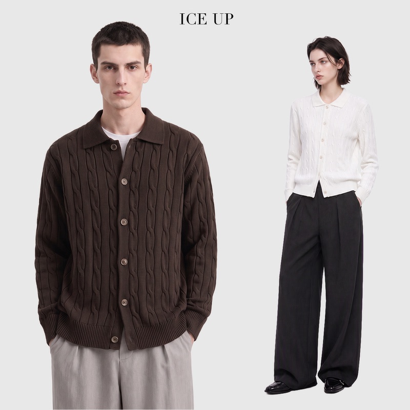 Ice up Cable Knit Polo Collar Shell Button Xinjiang Long-Staple Cotton Casual Old Money Style Button Knit Cardigan Jacket