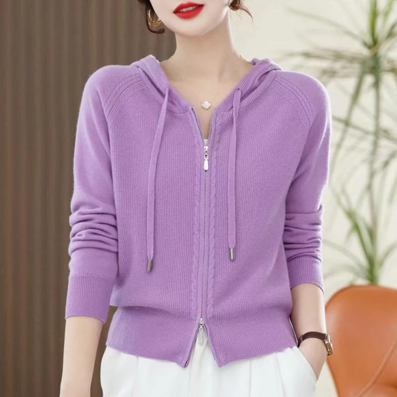 2025 Spring and Autumn New Style Hooded Casual Sweatshirt for Women, Loose Zipper Solid Color Hooded Jacket, Knitted Cashmere Cardigan