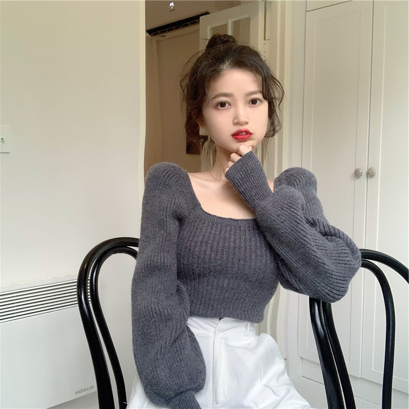 Autumn and Winter New Style Sweet Elegant Square Neck Puff Lantern Sleeve Sweater Women's Short Slim Fit Fashionable Knitted Top