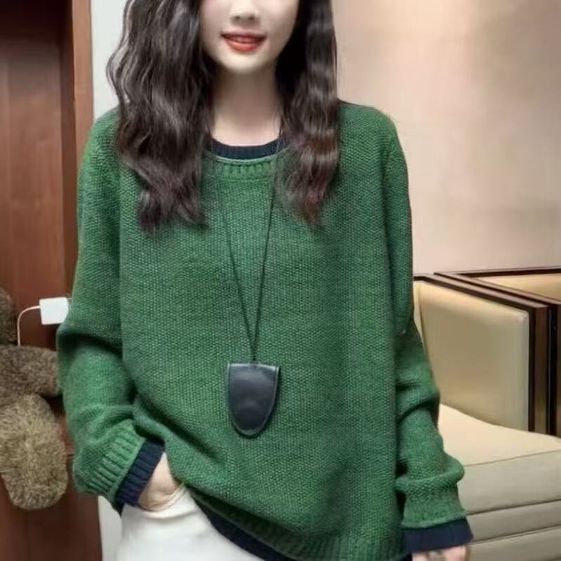 Retro Style Contrasting Color Fake Two-Piece Round Neck Knitwear for Women in Spring and Autum Loose Pullover Knitwear High-End Top Long Sleeves Retro Style Contrasting Color Fake Two-Piece Round Neck Knitwear for Women in Spring and Autum Loose Pullover Knitwear High-End Top Long Sleeves