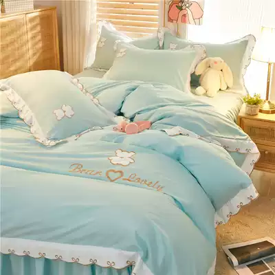Korean version of cute bear bed skirt four-piece quilt cover sheets thickened abrasive Princess wind girl heart quilt cover bedding