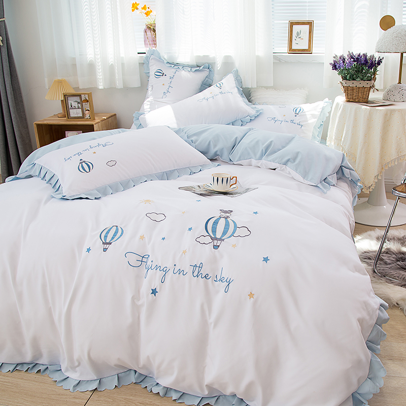 Korean version cartoon embroidery girl heart bed skirt four-piece set pure cotton cotton sheets quilt cover bedding three-piece set