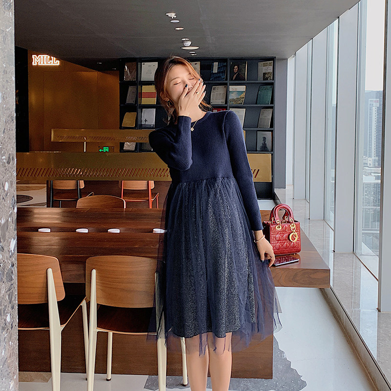 Pregnant Woman Winter Clothing Knitted Ocean Clothing Autumn Winter Fashion Temperament Famous thin web yarn Winter medium long version sweater skirt Han