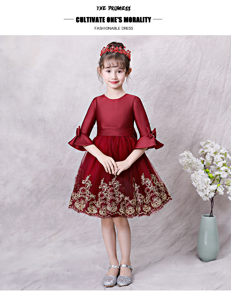 Váy bé gái màu đỏ dài tay dày dạ hội trình diễn thời trang trẻ em trình diễn trang phục hoa công chúa váy công chúa mùa thu đông shop quần áo trẻ em đẹp