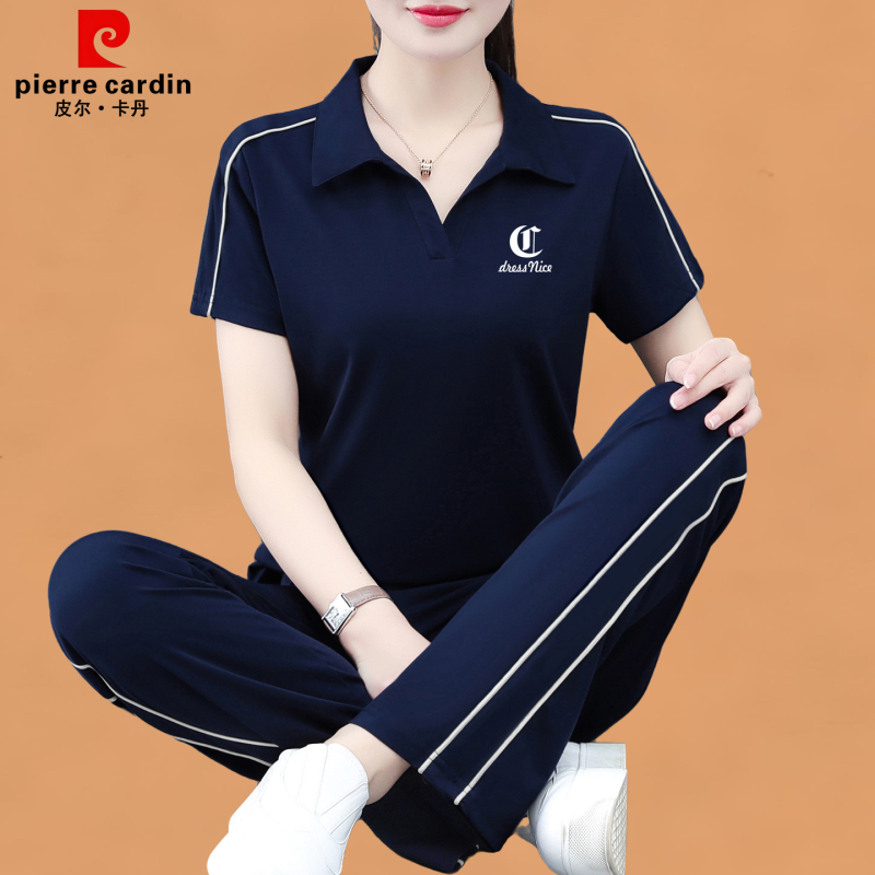 Pierre Cardin Summer Ice Silk Casual Sports Suit for Women 2026 New Style Lapel Short-Sleeved Two-Piece Set to Reduce Age and Look Slimmer