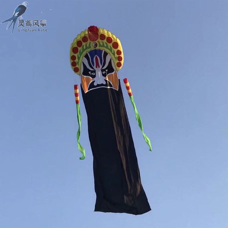 Weifang Lingyuan Kite Sky Walker Soft Kite 8m Peking Opera Mask Wu Caishen Kite