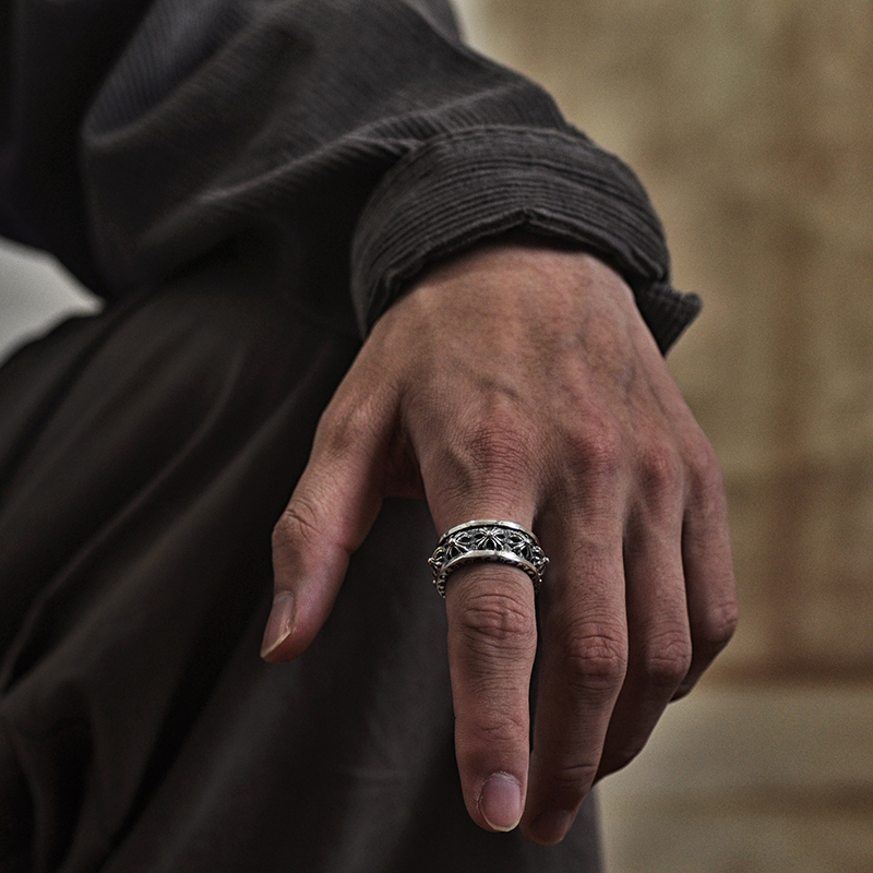 S925 pure silver ch swivel cross can turn male and female ring GD same personality hip hop punk wave male ring