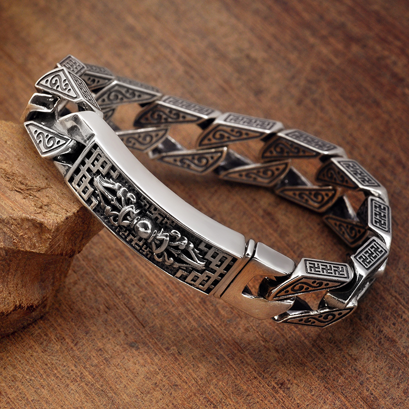S925 sterling silver men's bracelet Six-character mantra Vajra domineering personality pop male vintage Thai silver to ward off evil spirits lucky silver jewelry