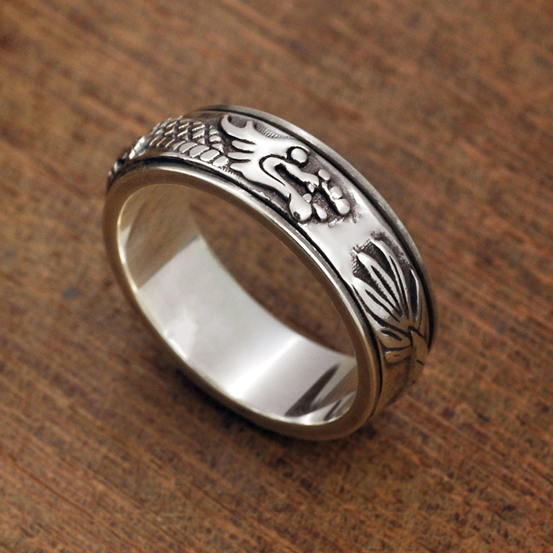 S925 Pure Silver Men's Rings Turn Overbearing Tide Man Personality Single God Dragon Rotating Tayin Tayin Retro Ring Lettering