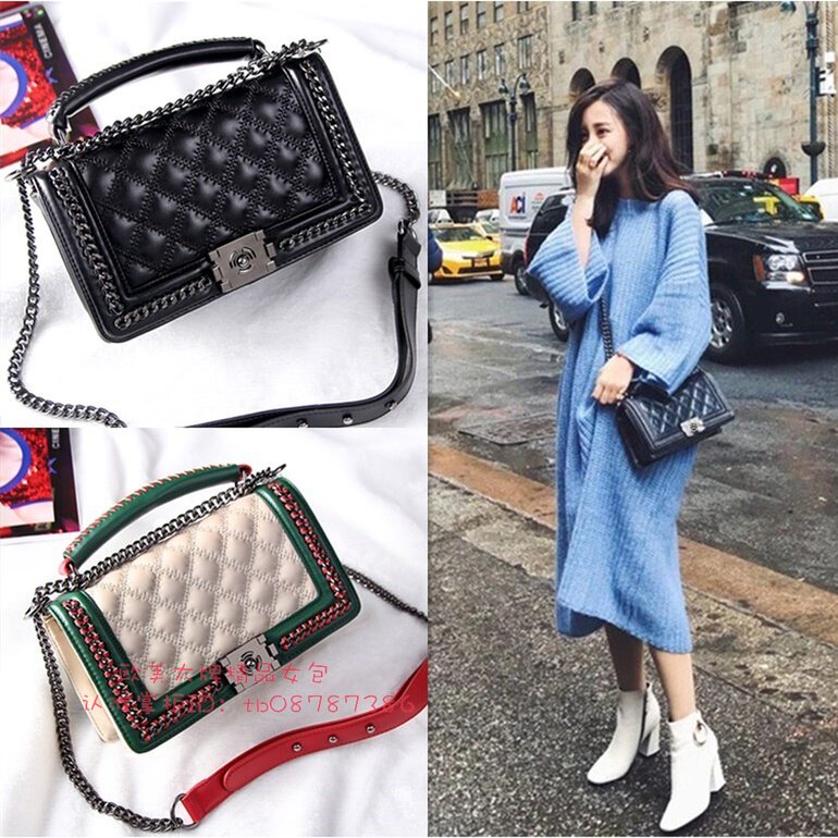 Europe station women's bag 2022 new full leather small fragrant wind rhombus chain bag genuine leather single shoulder inclined satchel bag