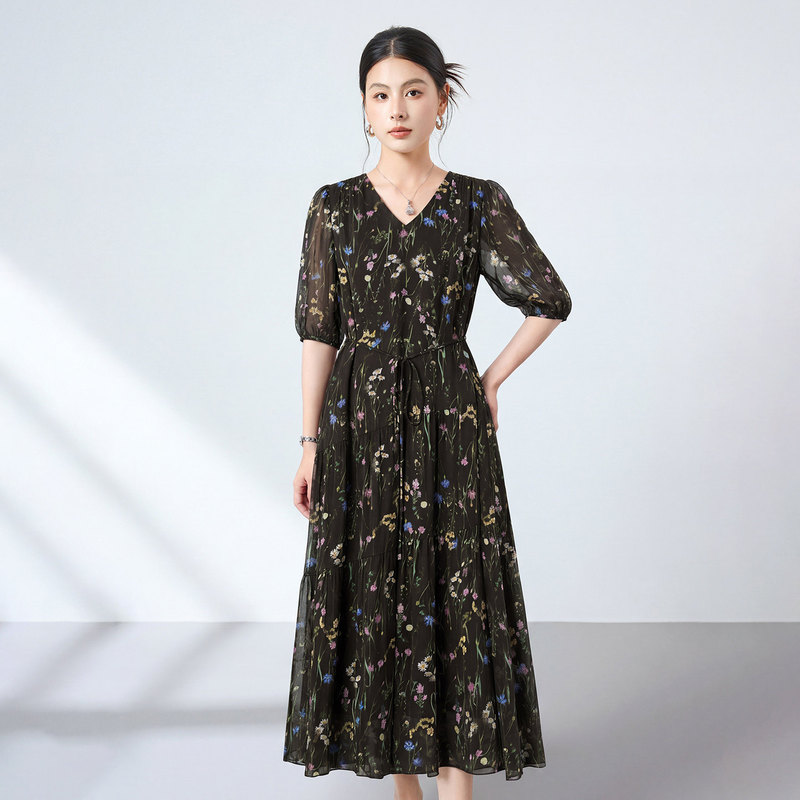 Hangzhou Silk New French-Style Floral Dress 100% Mulberry Silk Georgette Waist-Cinching Puff Sleeve Long Dress Hangzhou Silk New French-Style Floral Dress 100% Mulberry Silk Georgette Waist-Cinching Puff Sleeve Long Dress