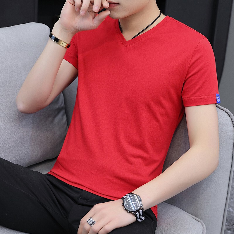 Woodpecker Men's Short-Sleeve T-Shirt V-Neck Summer Trendy Slim-Fit Base Shirt Pure Cotton Half-Sleeve Solid Color Zodiac Year Red