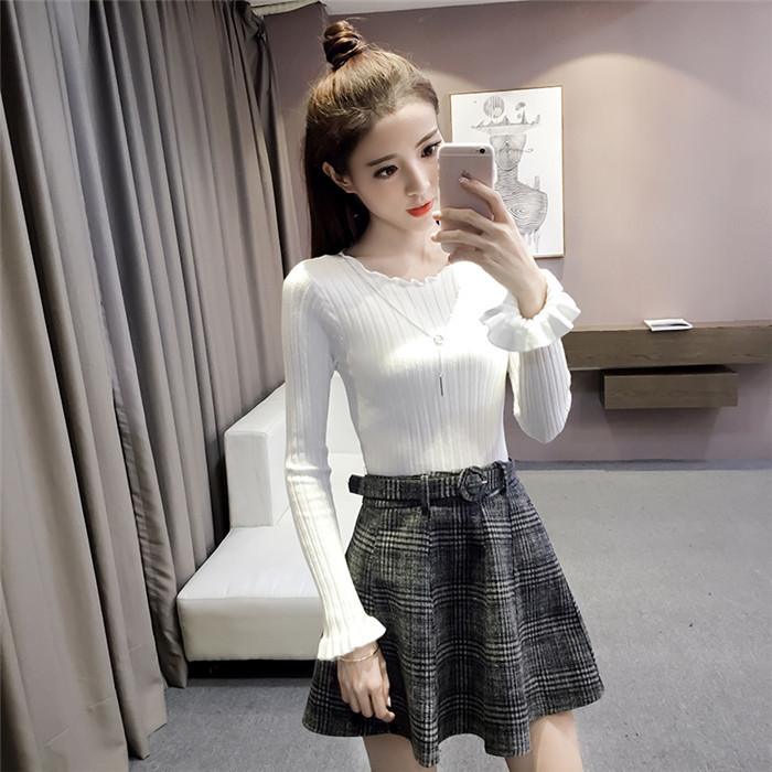 Lotus leaf cuff-knitted sweatshirt woman with long sleeve blouse 2022 fall New pint T-shirt with base sweater short version tight fit