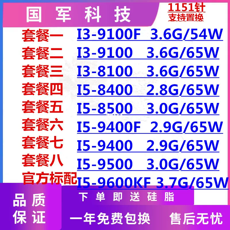 9100 8100 I5 8500 9400 9500 9700i5-i7-9-го поколения 8-го поколения Intel 1151-кштоенный CPU