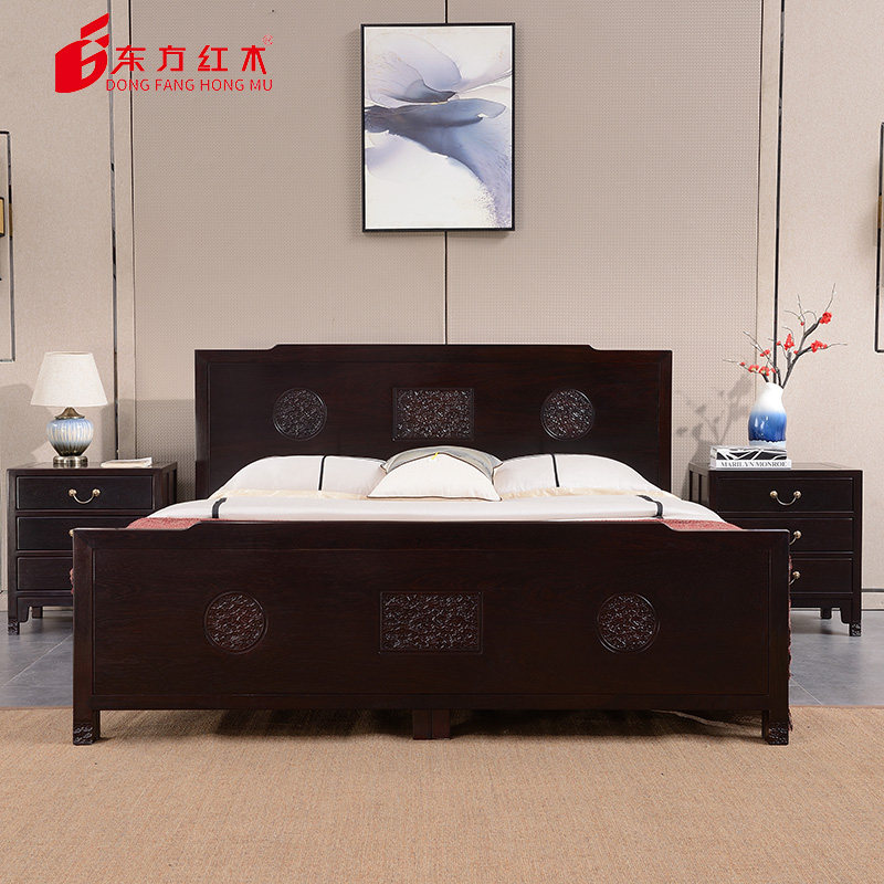 Oriental Red Wood Zen new Chinese style Fashion White Flowers Cliff Bean Wood 159 Type Red Wood Bed Three Sets 