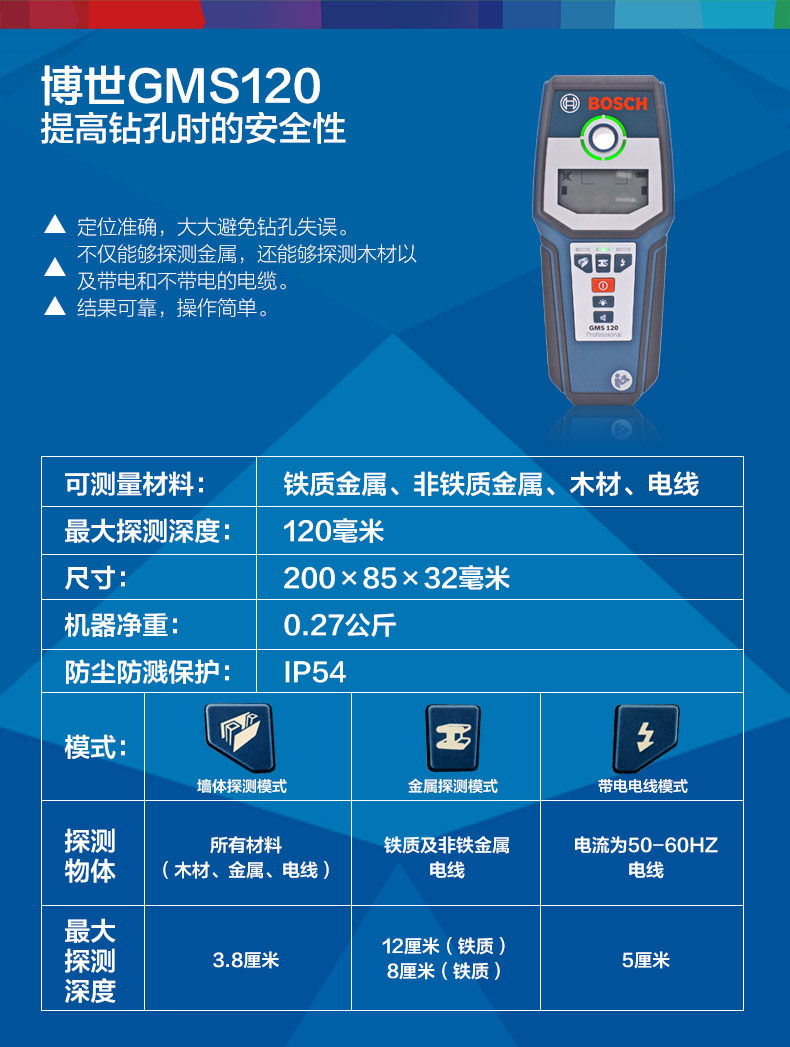 Детектор для стен 博世高精度墙体探测仪专业测电线  木质 铜器 金属探测仪器gms120 Bosch