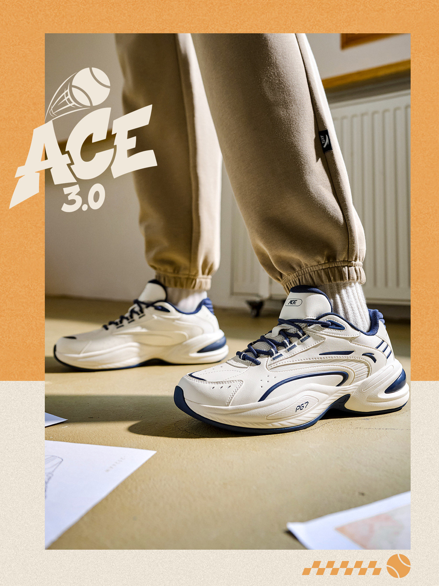 ANTA ACE3丨Tennis style leather casual shoes for men 2026 autumn new white thick-soled non-tiring sports shoes