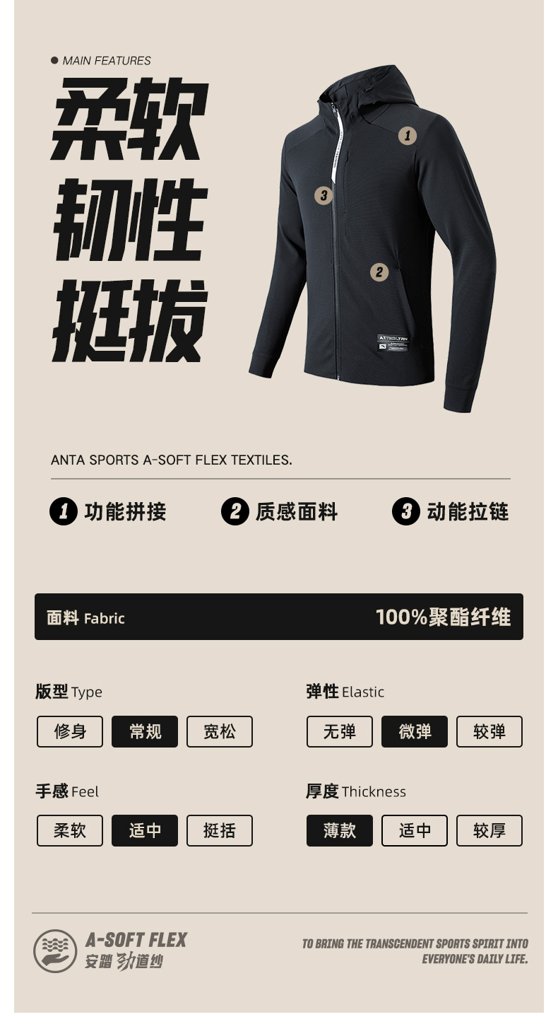 安踏 男士 劲道纱科技 防风运动外套 图3