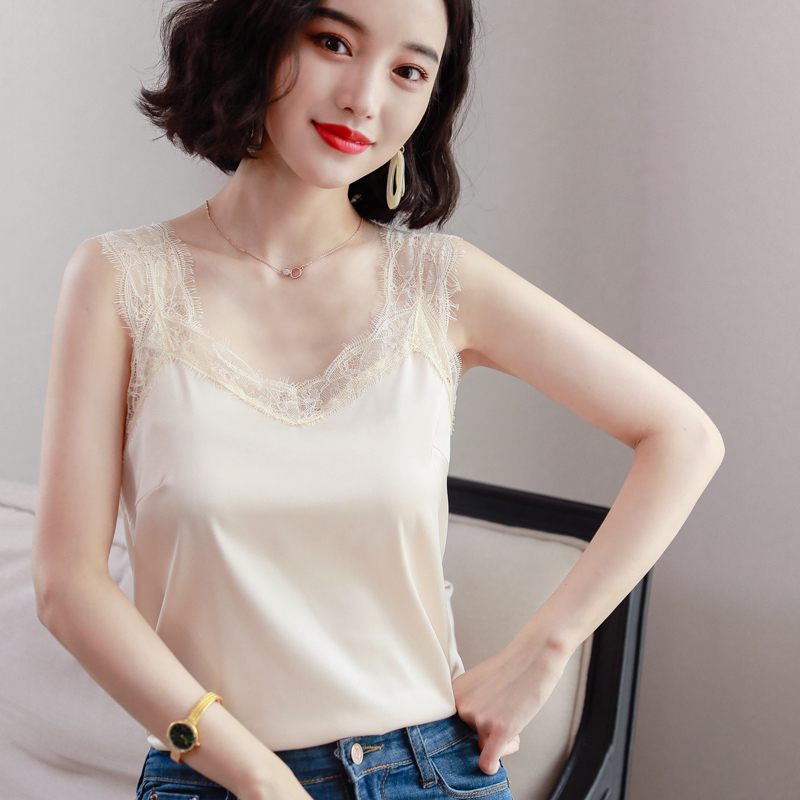 Ren sling vest cô gái trong mùa hè mặc sexy loose-fitting mỏng top ren đen cổ chữ V đáy