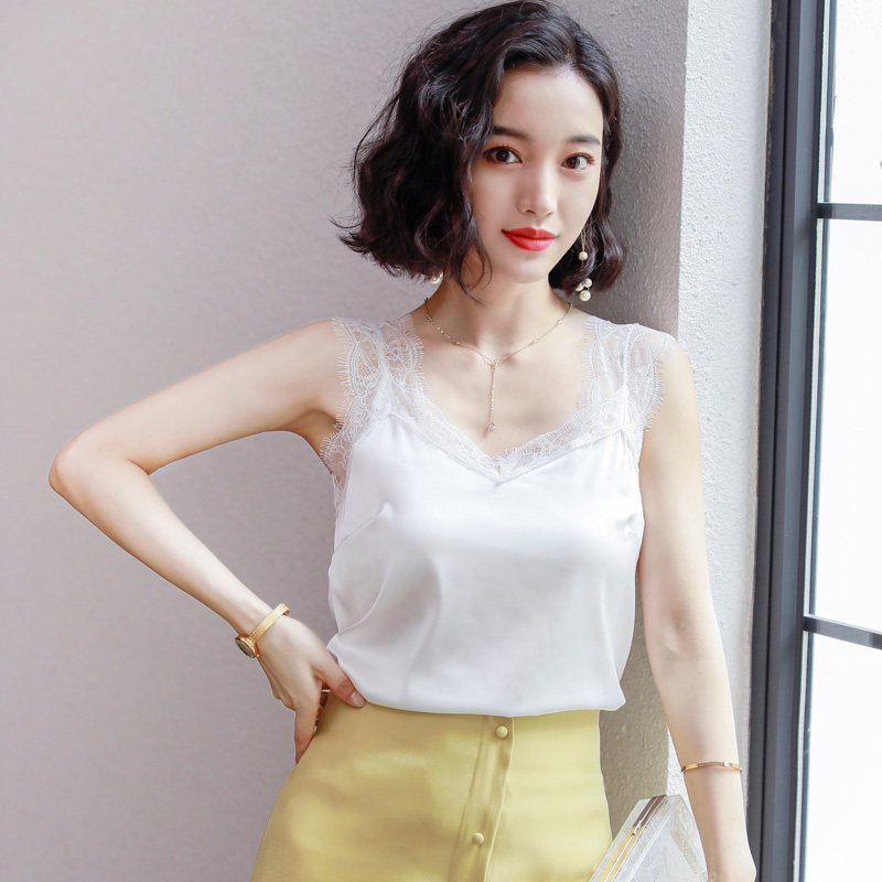 Ren sling vest cô gái trong mùa hè mặc sexy loose-fitting mỏng top ren đen cổ chữ V đáy