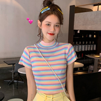 Super fire cec short sleeve womens short Korean version of net red rainbow striped knitted T-shirt Yayfeng tight jennie top