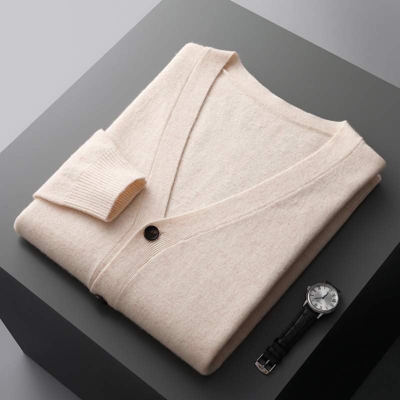 Spring and Autumn 100% Wool Cardigan for Men, V-Neck Thin Sweater, Loose Fit, Large Size Knitted Jacket, Youth Solid Color Wool Sweater
