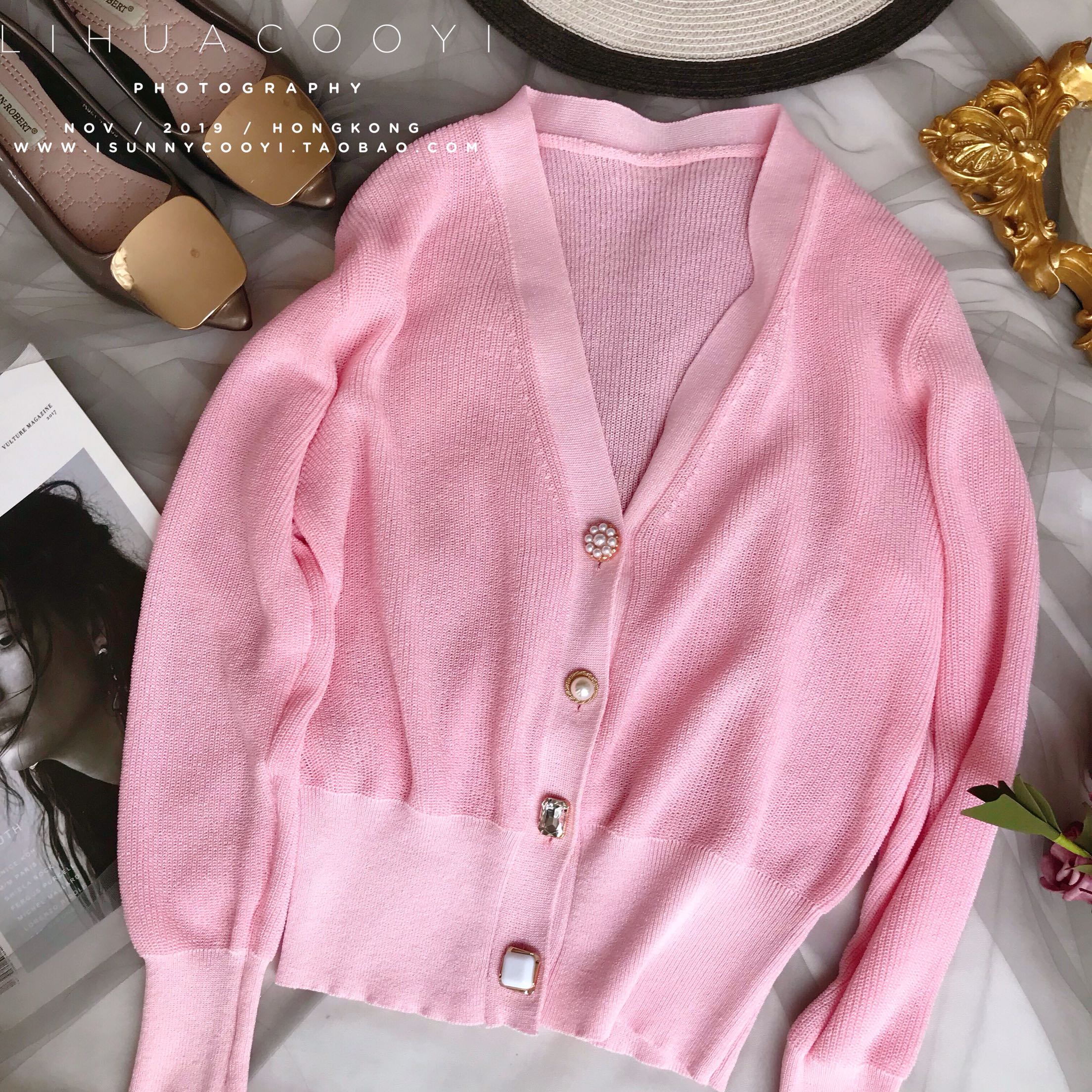 2019 mùa thu mới rất cổ tích nạm kim cương áo khoác nữ màu hồng nước ngoài áo len cardigan nữ ngắn đoạn - Đan Cardigan áo len nữ đẹp 2021