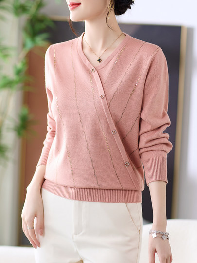 Mom Spring Clothing 2024 New Top Temperament Reducing Age 40 Years 50 Middle-aged and Elderly Women's Clothing Spring and Autumn Knitted Base Shirt