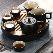 Black ceramic tea set household simple Japanese ceramic teacup travel kunfu tea set full set of dry tea plate hotels