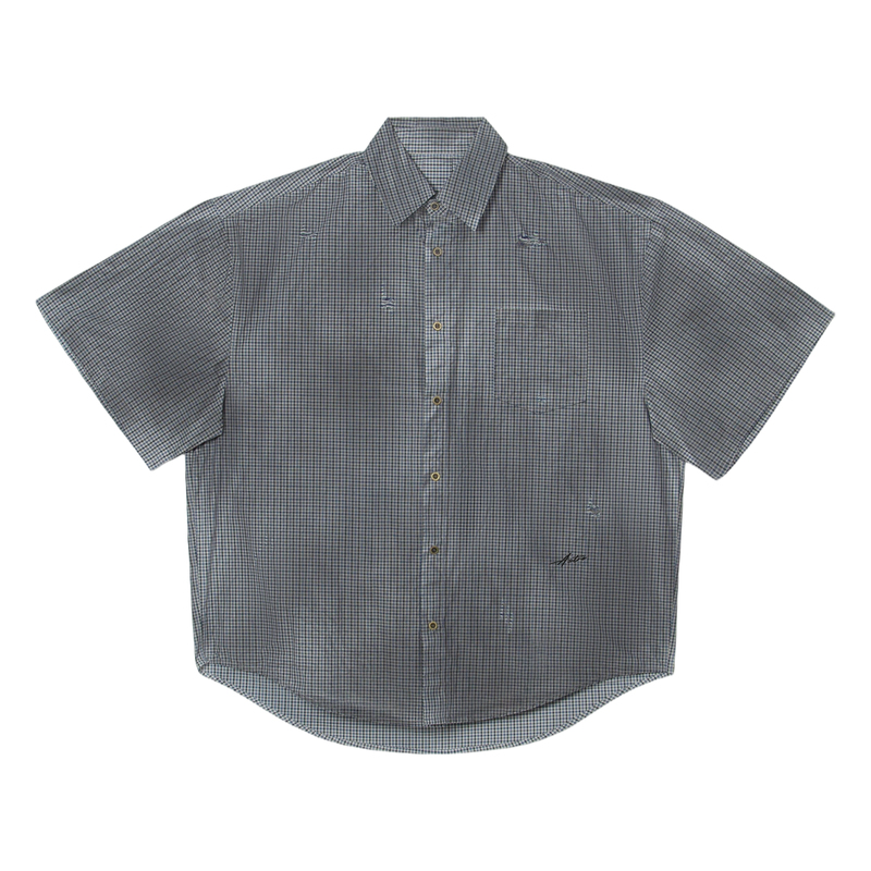 Ovvicial*Plaid Shirt Retro Distressed Plaid Short-Sleeved Shirt