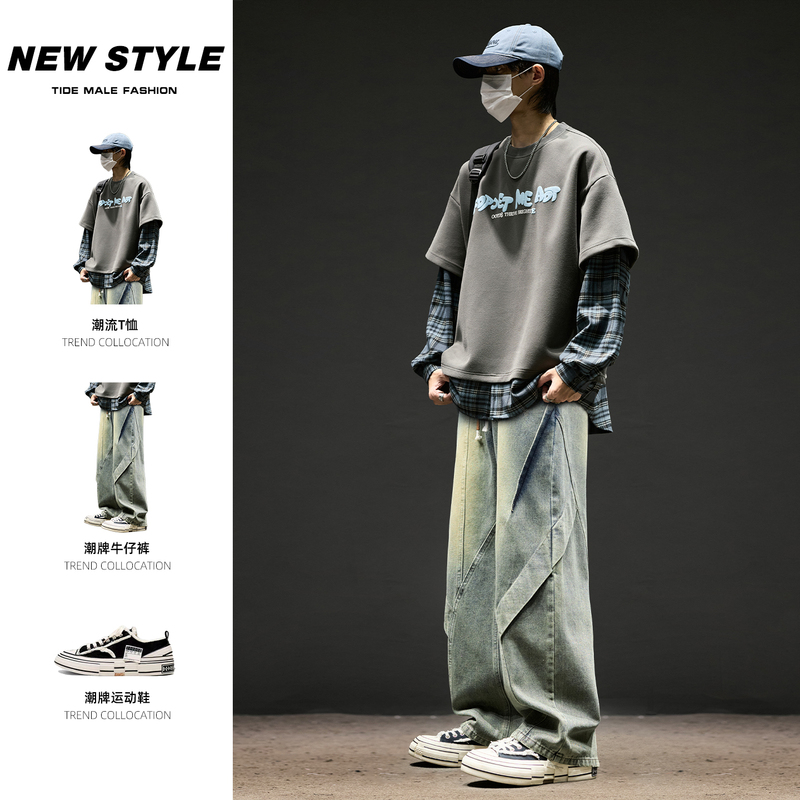 Men's Suit with a Fake Two-Piece T-Shirt Paired with Vintage Jeans, a Cool and Stylish Outfit for Men, a Trendy Autumn and Winter Men's Clothing Set