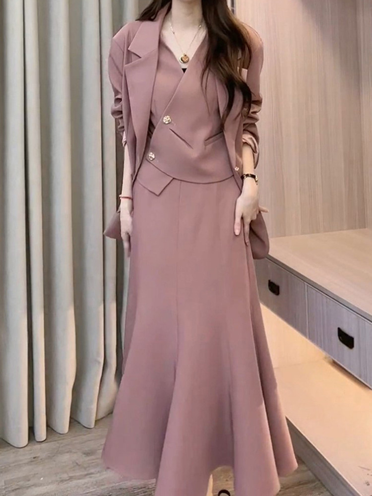 AUTUMN NEW HEPBURN STYLE FRENCH RETRO SUIT SUIT FEMININE THIN SUIT MERMAID SKIRT THREE-PIECE SUIT