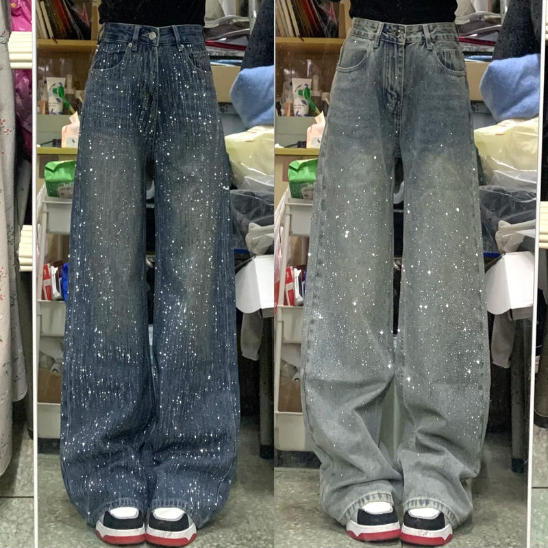 Sparkling Rhinestone Jeans for Women, Autumn Season, Dazzling Pants for Pear-Shaped Body, Thick Legs, Wide Hips, Loose Straight-Leg Pants
