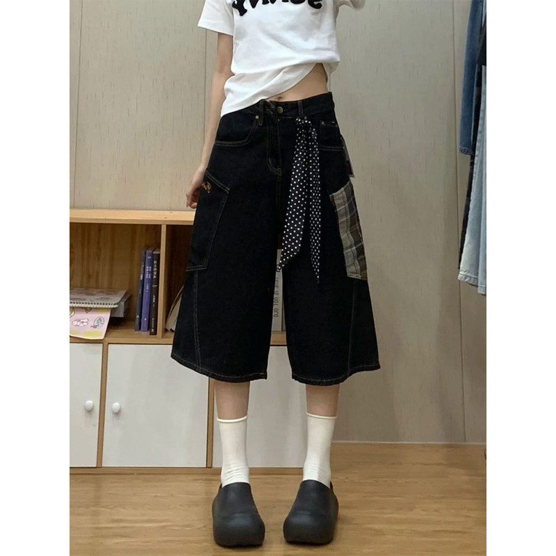 American-Style Cropped Pants for Women, Summer Thin Style, Plus Size, Wide-Leg Pants for Petite Women, Denim Mid-Length Pants with Unique Design, Niche Breeches