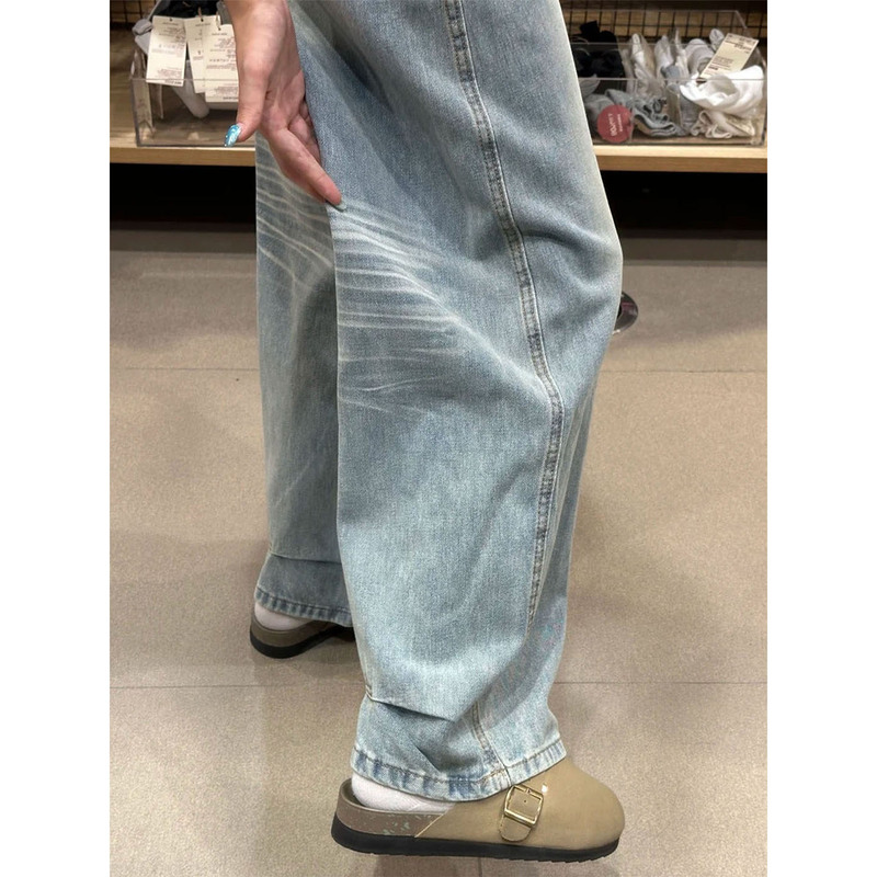 Washed Light Blue Jeans for Women, Summer Thin Style, American-Style Wide-Leg Pants, Plus Size, Flattering for Pear-Shaped Body, Curved Leg Pants