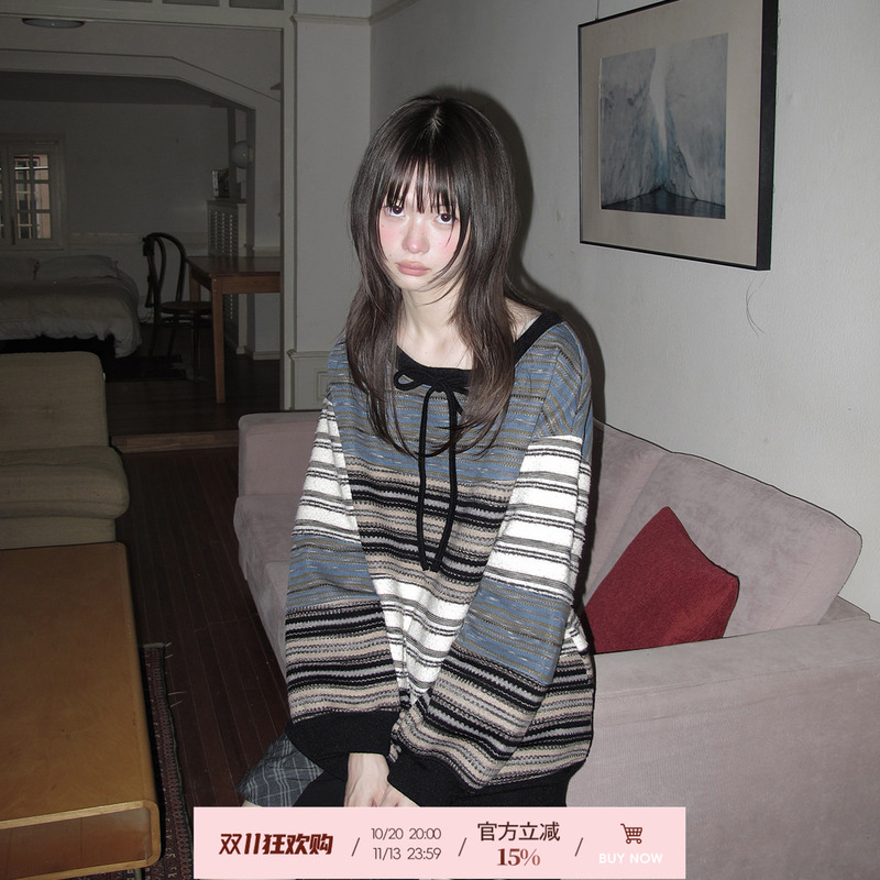 Cheese Day [Mixed Weave Pattern] Casual Color Block Striped Pullover Knit Top Autumn Round Neck Bow Sweater