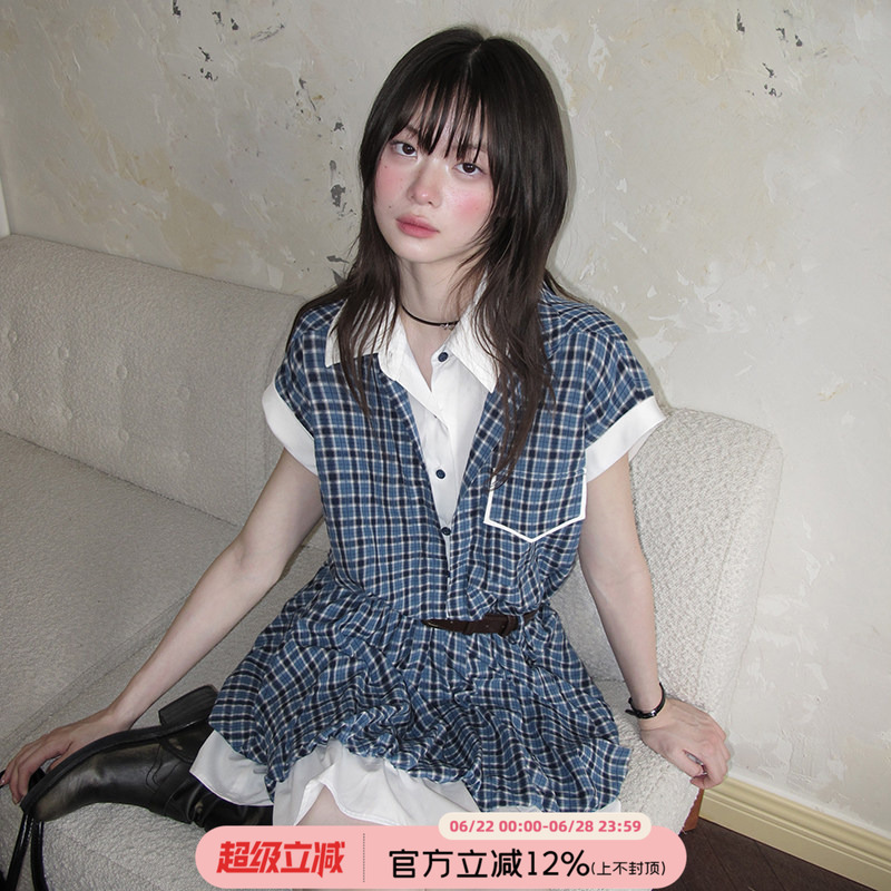 Cheese Day【Sea Soul Holiday】Retro Blue and White Checkered Fake Two-Piece Short Skirt Summer Loose Lapel Shirt Dress Cheese Day【Sea Soul Holiday】Retro Blue and White Checkered Fake Two-Piece Short Skirt Summer Loose Lapel Shirt Dress