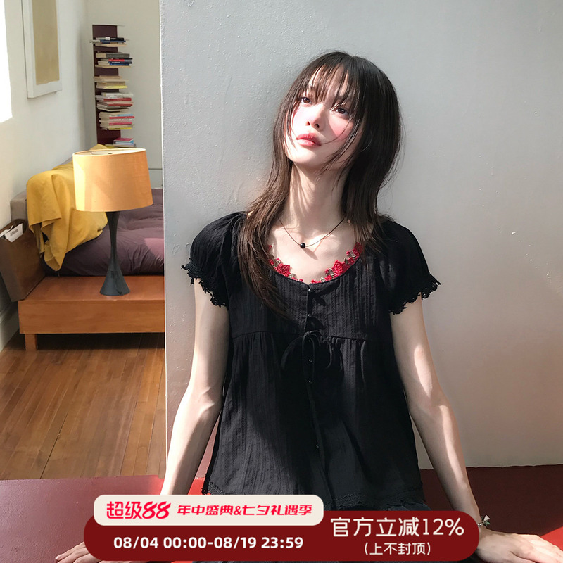 Cheese Day【Dark Night Rose】Japanese-Style Black Base Red Rose Embroidered Shirt Summer V-Neck Puff Sleeve Blouse for Women Cheese Day【Dark Night Rose】Japanese-Style Black Base Red Rose Embroidered Shirt Summer V-Neck Puff Sleeve Blouse for Women
