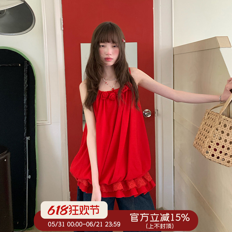 Cheese Day Sweet Loose Red Rose Niche Design Camisole Summer Pure Vacation Unique Tank Top for Women