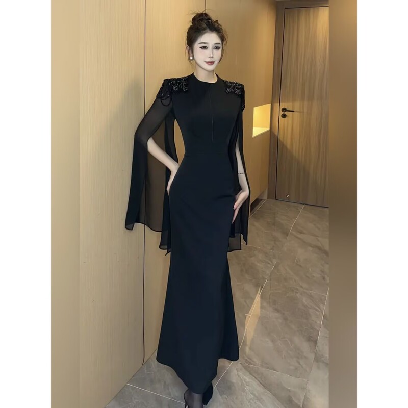 Elegant and Fashionable High-End Waist-Cinching Slimming Long Dress, New Spring Black Versatile Cape Dress Elegant and Fashionable High-End Waist-Cinching Slimming Long Dress, New Spring Black Versatile Cape Dress