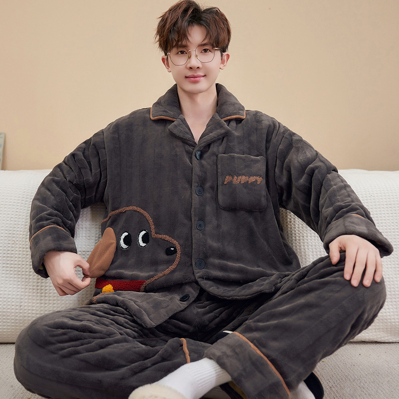 Coral Velvet Pajamas for Men in Autumn and Winter, Thickeneded and Warm, Cardigans for Teenagers and Students, Flannel Home Clothes, Outer Wear Suits